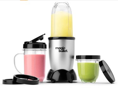 Magic Bullet Blender 11-Piece Set against white background with smoothies.