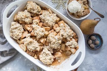 Casserole of pear casserole with biscuit toppng