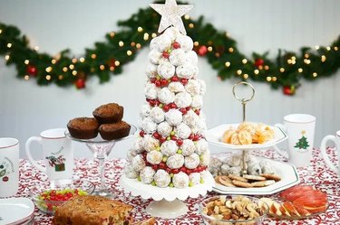 A Christmas tree made of white donut holes
