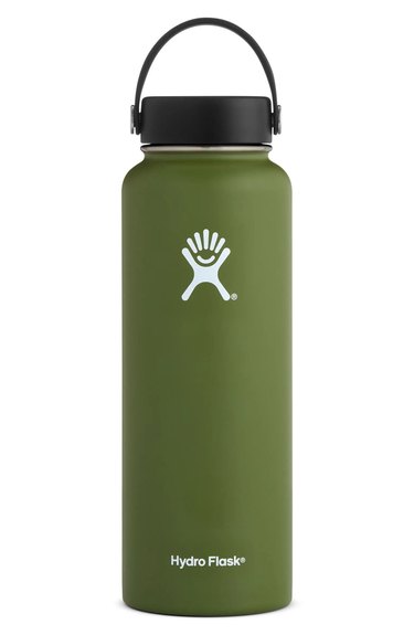 Olive green 40-ounce wide-mouth cap Hydro Flask water bottle.
