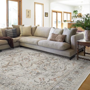 Large hazel-colored rug in living room or family room adjacent to sectional sofa.