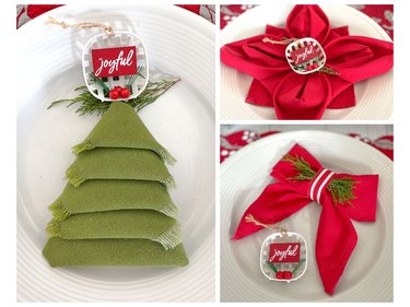 Napkins folded like a poinsettia, Christmas tree and holiday bow