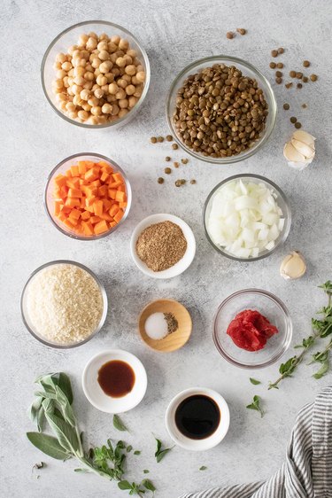 Ingredients for vegan chickpea and lentil meatloaf