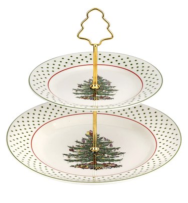 Spode Christmas tree pattern two-tier serving tray with a gold Christmas-tree medallion at the top.
