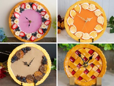 Four clocks shaped like hyperrealistic pies