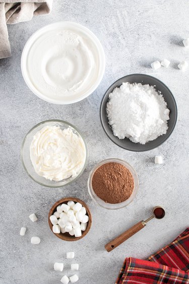 Ingredients for hot cocoa dip in bowls