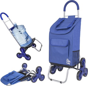 dBest Stair Climber grocery cart in blue, shown on a white ground with its bag installed, with bag off in "hand truck" mode, and collapsed