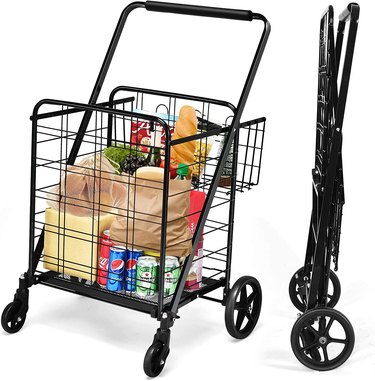 Jumbo dual-basket shopping cart from GoPlus, shown on a white ground both open and full of groceries, and folded to show how compact it is for storage