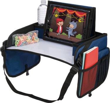 Blue travel tray with tablet and cereal