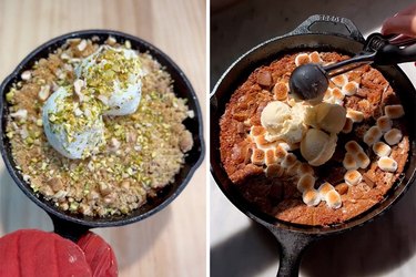 A personal-size apple crumble baked in a skillet and a large cookie baked in a skillet topped with marshmallows and ice cream