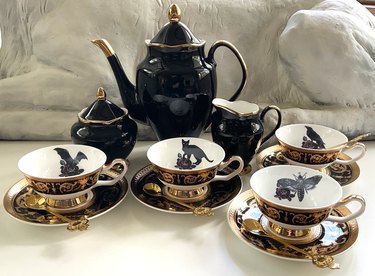 Black & Gold Halloween Tea Set with spoons, Bat/Cat/Crow/Moth