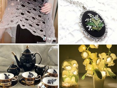 A collage of four photos featuring a gray crochet shawl, an embroidered floral pendant, a black and gold tea set and a crochet lily of the valley lamp.