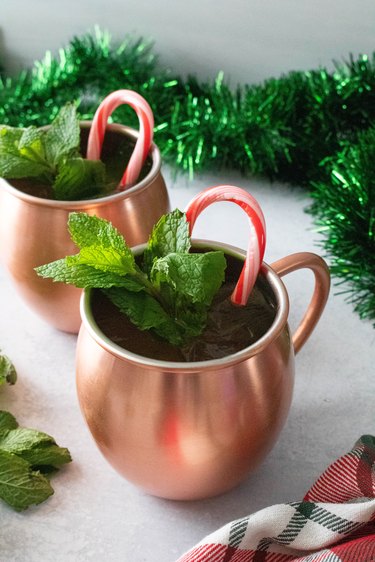 Peppermint Moscow mule Christmas cocktail in copper mug