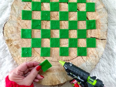 hot glue felt squares to checkerboard base
