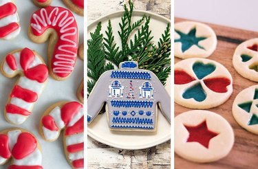 A collage of three holiday desserts: red and white candy cane cookies, Star Wars cookies, and stained-glass window cookies
