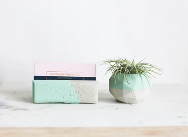 Concrete desk set with a business card holder and air plant planter