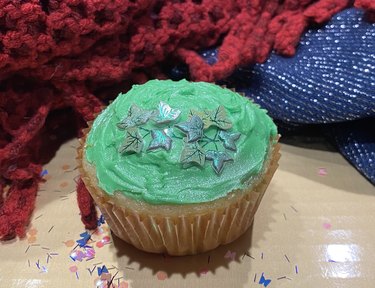 A cupcake with green frosting and a mini strand of plastic ivy.