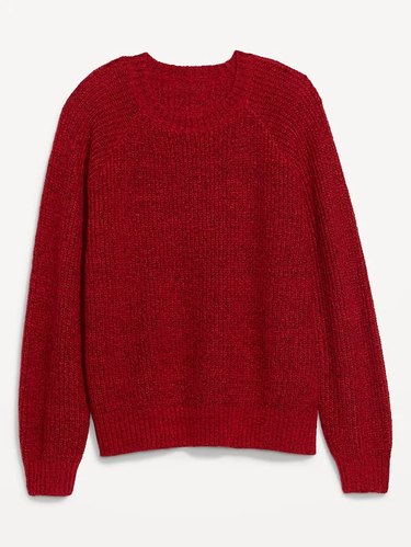A red marled pullover sweater.