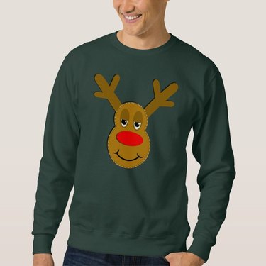 A dark green sweatshirt featuring a reindeer face.