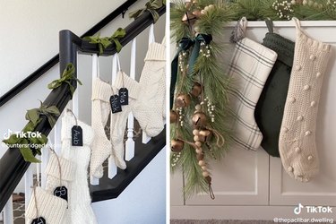 Stockings hung on a staircase banister using zip ties and ribbon and stockings hanging on a storage unit that are attached with cord bundlers