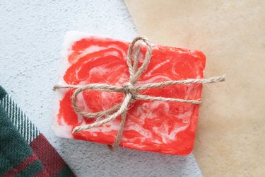Peppermint latte soap with twine tied around it