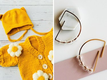 Side-by-side images of a bright yellow daisy cardigan for babies with matching hat and a pair of minimalist earrings with tiny clear baubles.