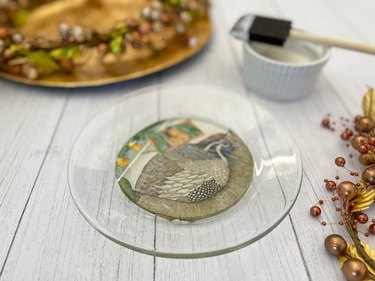 glued partridge in a pear tree on the bottom of the glass plate