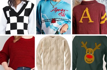 A collage of six holiday movie sweaters.