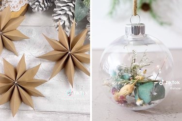 Brown paper star ornaments and dried floral glass bauble ornaments with holiday backgrounds