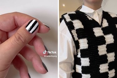 Black and white striped nails and a black and white checkered, crocheted vest