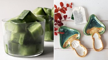 Collage image of matcha ice cubes and ceramic mushroom tea rests