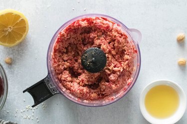 Beet hummus ingredients in a food processor