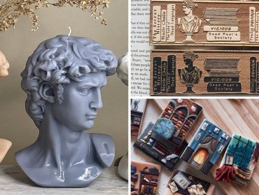 Collage featuring Michalangelo's "David" bust candle