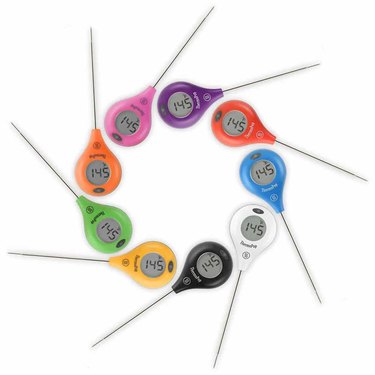 Ring of ThermoWorks ThermoPop thermometers, illustrating the nine available colors