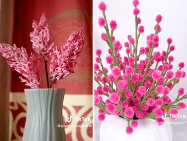 Collage of pink fruit foam flowers and hot pink pipe cleaner flower buds in vase
