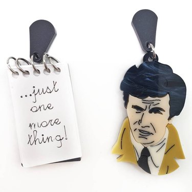 Earrings featuring Columbo and a notebook reading "...just one more thing!"