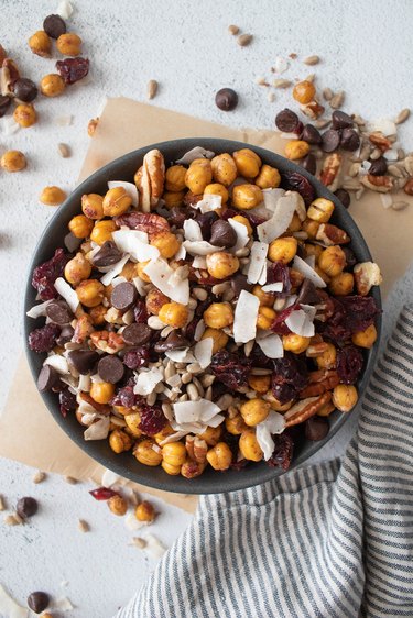 Chickpea snack mix in black bowl