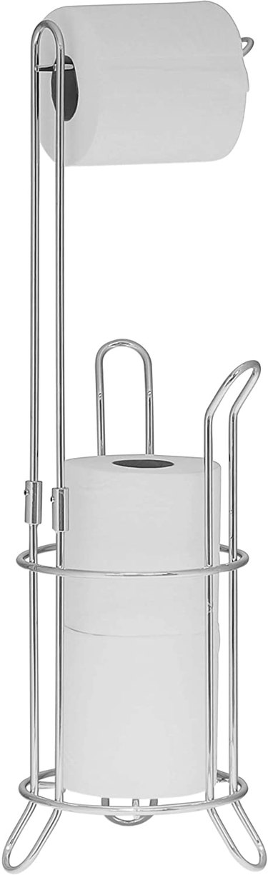Chrome finish freestanding toilet paper holder with storage for two rolls of toilet paper