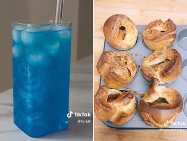 Side-by-side of sparkly blue mocktail and mini sausage pastries