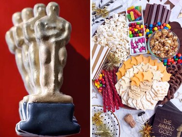 Oscars cookies and a movie theater snack board with cheese, candy, crackers, popcorn and more
