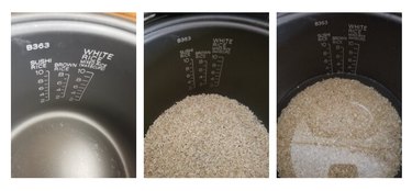 Three photos shown side by side, explaining the 3 steps for making brown rice in the Zojirushi rice cooker and warmer.