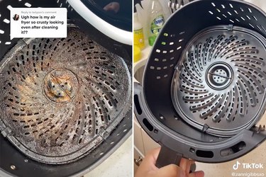 A dirty air fryer before cleaning and the same air fryer after it has been cleaned.
