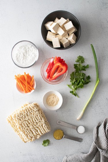 Ingredients for crispy tofu instant ramen noodle meal