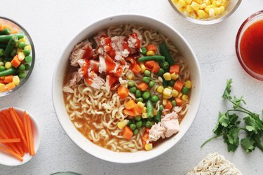 Spicy tuna instant ramen noodle meal