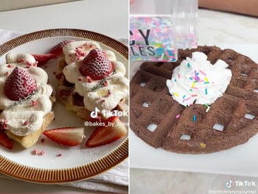 Side-by-side image of strawberry cream croissant waffles and a cake mix waffle with sprinkles and whipped cream