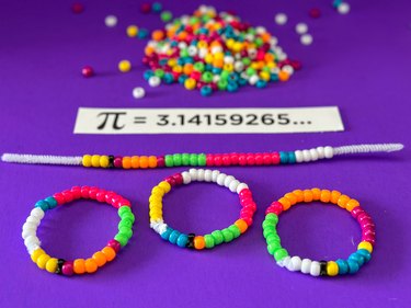 Finished Pi Day bracelets using beads of different colors