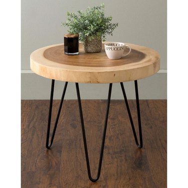 Natural Wood Cross-Cut Side Table With Iron Hairpin Legs – Large