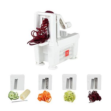 Paderno spiralizer on a white ground, with its four blades highlighted at the bottom