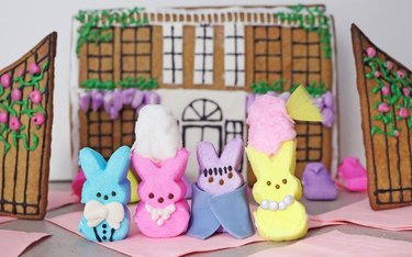 Peeps gingerbread house with Bridgerton characters