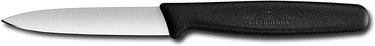 Black-handled Victorinox paring knife on a white ground
